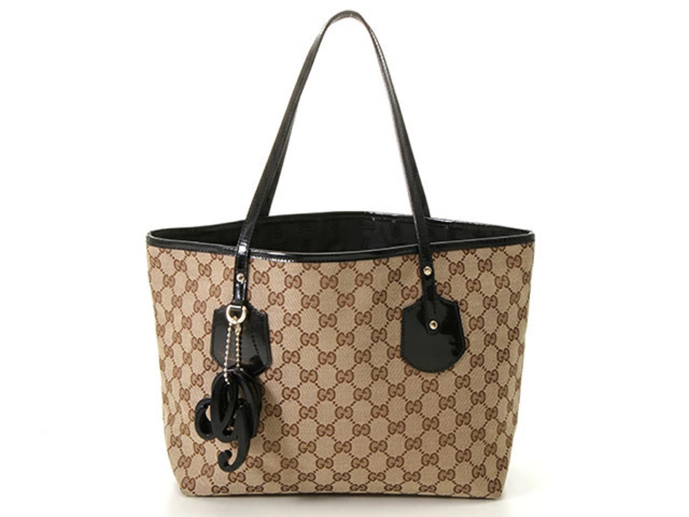 Gucci GG Canvas Tote Bag Beige Cream Black Enamel